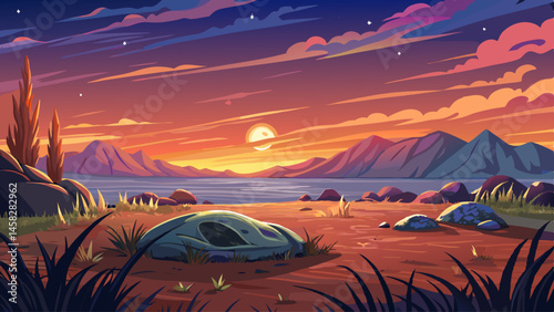 The plain lies silent beneath a glowing dusk sky, not a sound in the warm air
