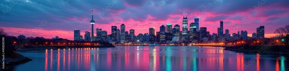 Obraz premium Montreal skyline panorama, dusk, St Lawrence River, cityscape, buildings, Canada