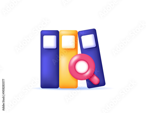 digital or online library concept. e-library. service for searching for information on books, novels, or journals. search service. illustration of books with magnifying glass. symbol or icon. 3d style