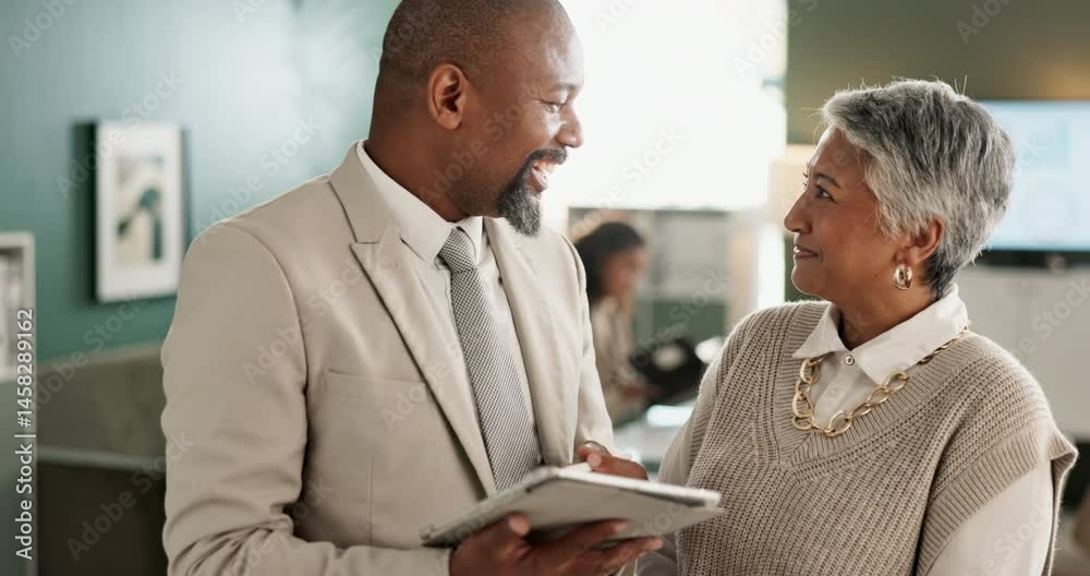 Happy, business people and tablet for planning, schedule and research for company project in office. Smile, corporate team and collaboration for advice, brainstorming and communication on proposal