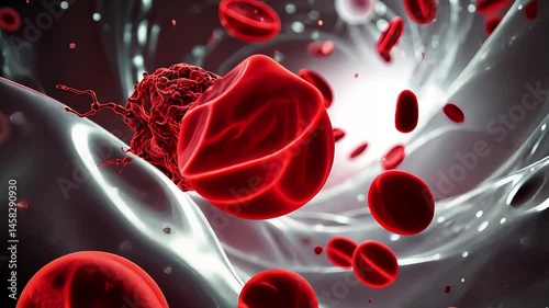 Red blood cells flow through a human bloodstream, captivatingly contrasted by a cancerous cell. The environment appears intricate and alive, showcasing cellular activity.