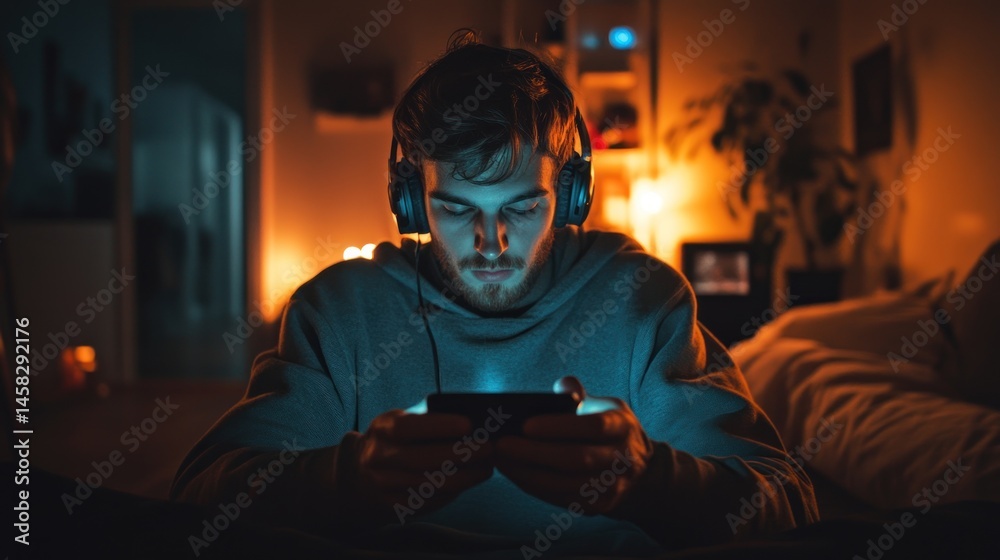 Man using smartphone at night cinematic lighting technology Man using smartphone at night cinematic lighting technology