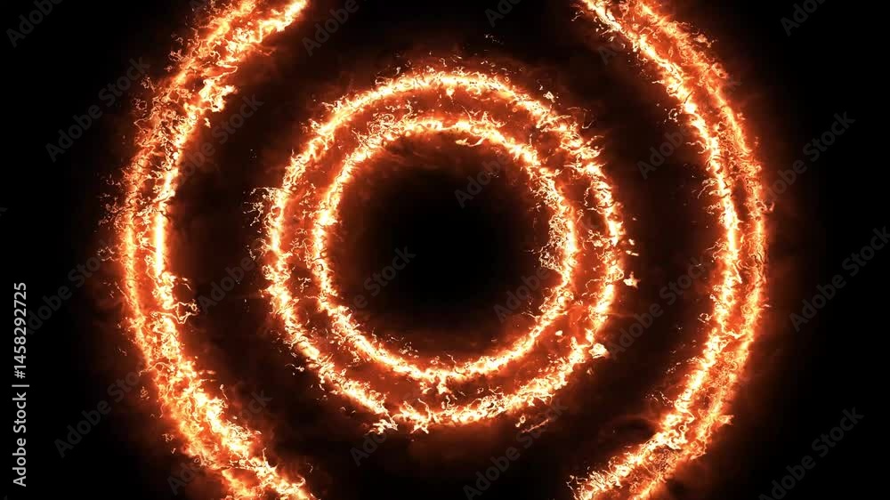 Abstract flame circle explosion energy shockwave on black background for overlay.