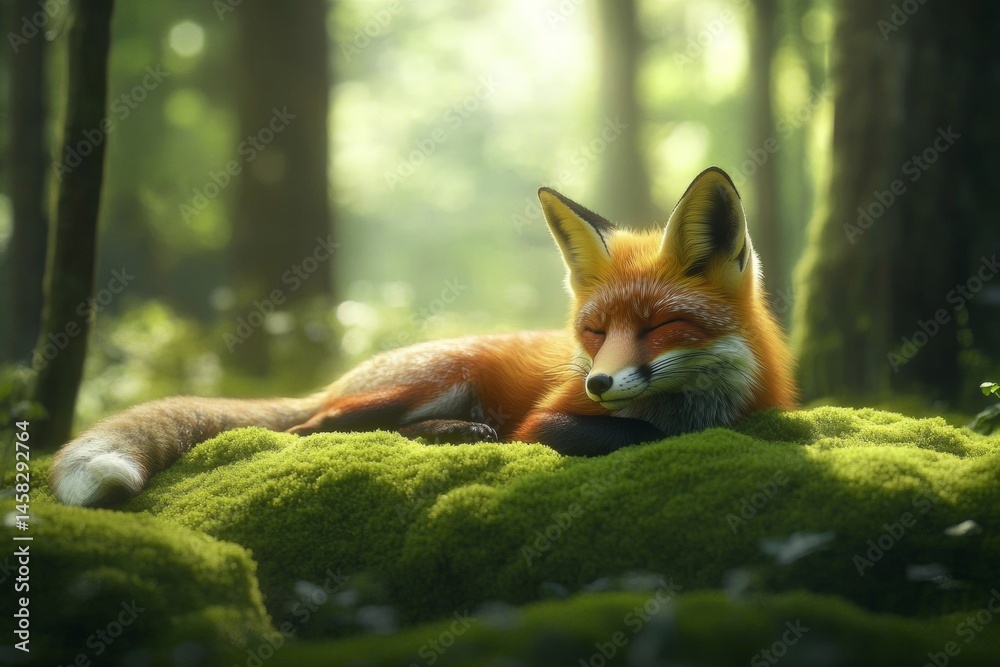 Fototapeta premium A fox lies peacefully on a lush moss bed in a serene forest. Sunlight filters through the trees, creating a calming atmosphere around the resting animal. Natures beauty surrounds this moment