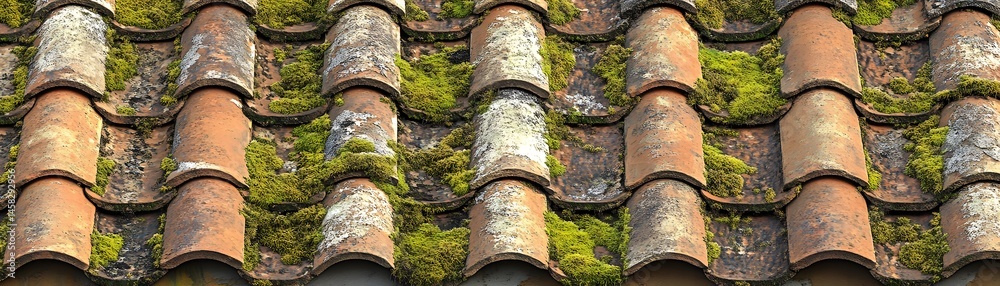 Aged terracotta roof tiles covered in moss.