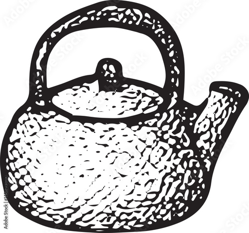 Hand-drawn sketch of a vintage camping teapot with handle and spout, monochrome style, perfect for outdoor adventure, camping, or rustic themes, classic illustration
