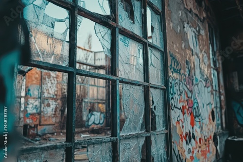 Exploring an abandoned industrial building decorated with vibrant graffiti in a decaying urban environment, Abandoned, graffiti covered industrial building with broken windows