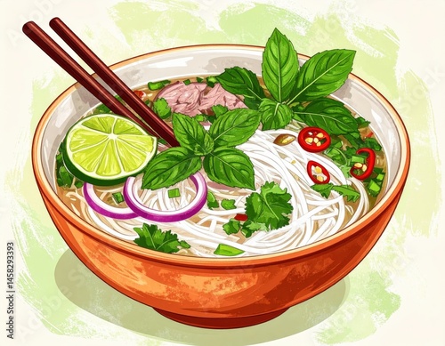 Beef Noodle Soup In A Bowl With Chopsticks