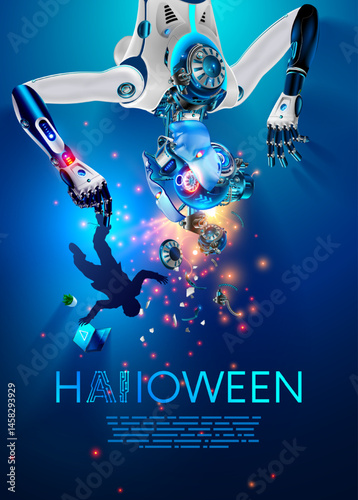 Vertical Halloween poster. An evil broken robot with AI. A cyborg with AI glitched and rebelled against humanity. A huge scary robot with a short circuit hangs from the ceiling and grab a little man.