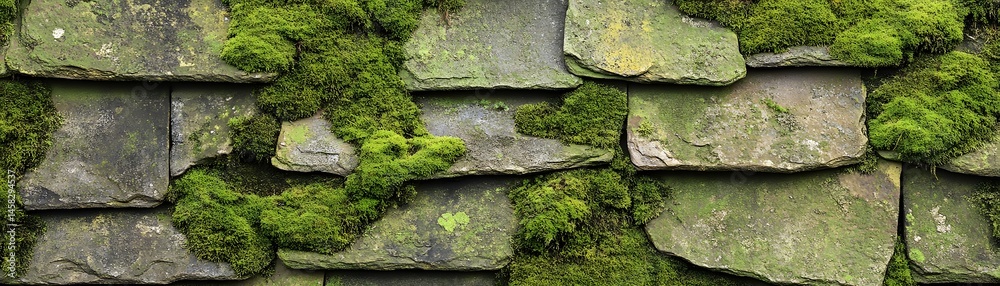 Close-up view of mossy stone wall panels.