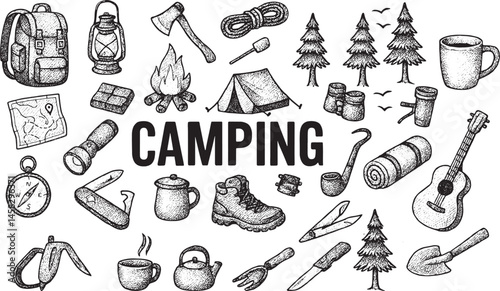 Hand-drawn sketch of camping and outdoor gear, including tent, lantern, and guitar, monochrome style, perfect for adventure, nature, and wilderness themes, vintage illustration