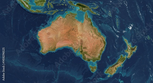 Australia and New Zealand seen from space showing land and surrounding ocean.
