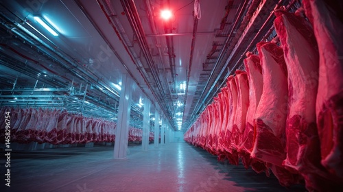 Refrigerated meat processing facility with rows of hanging beef