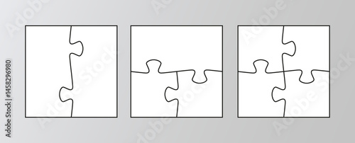 Puzzle pieces scheme for thinking game. Jigsaw square grids set. Simple mosaic background with separate details. Cutting template. Vector illustration.