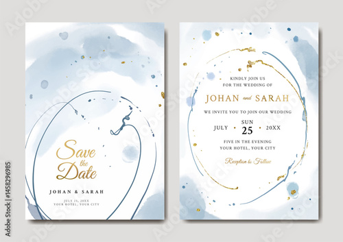 Blue and gold abstract watercolor wedding invitation template