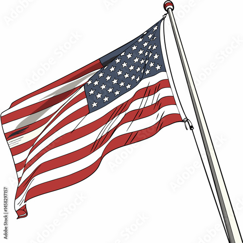The patriotic American flag of the USA displays its stars and stripes of red, white, and blue, often waving freely in the wind as a national symbol of the united states