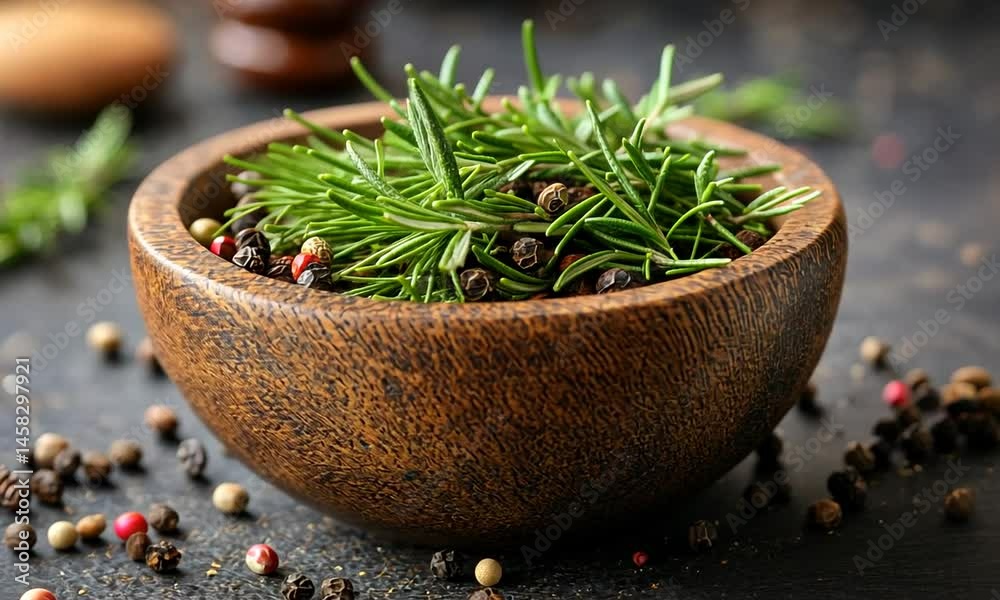 Fresh rosemary and black peppercorns in a rustic wooden bowl on a dark kitchen countertop