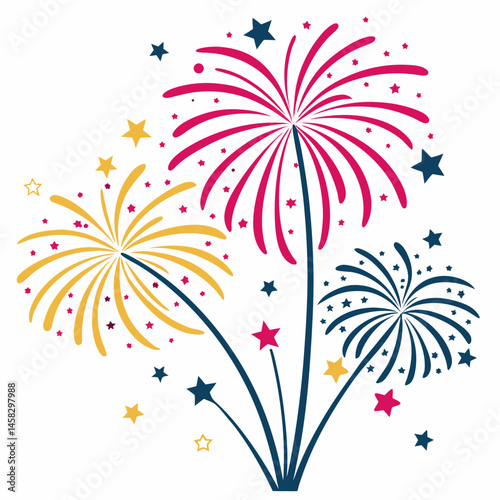 Celebrate with vibrant fireworks Pink gold blue bursts stars explode in joyful celebration Simple festive design