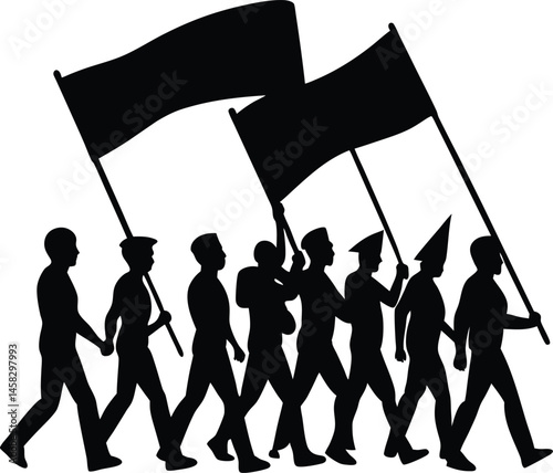 Marching crowd carrying oversized rainbow flags