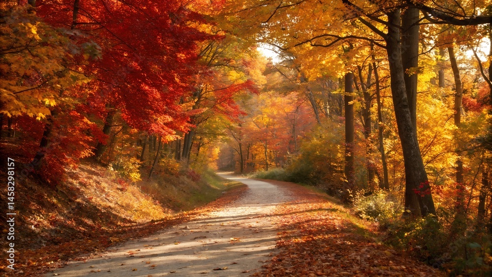 Obraz premium sunlit forest path with autumn leaves