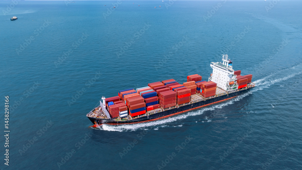Aerial view container cargo ship freight shipping international, Global business freight shipping import export logistic transportation container ship, Container cargo ship sea freight container ship.