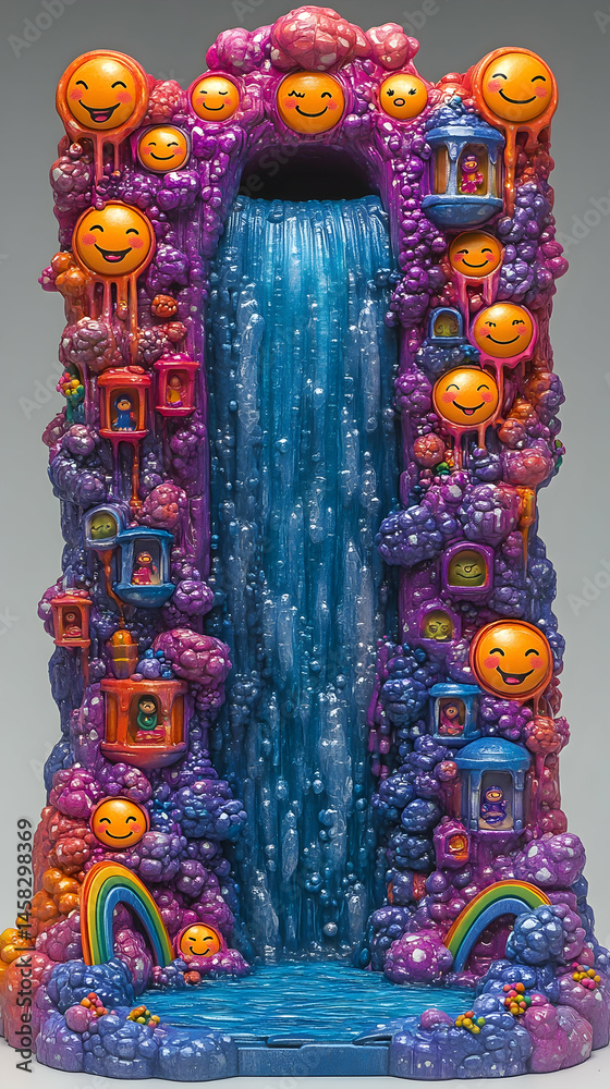 Fototapeta premium Vibrant, whimsical waterfall sculpture; swirling purple, pink, orange textures; cheerful faces and miniature houses adorn sides; cascading blue water