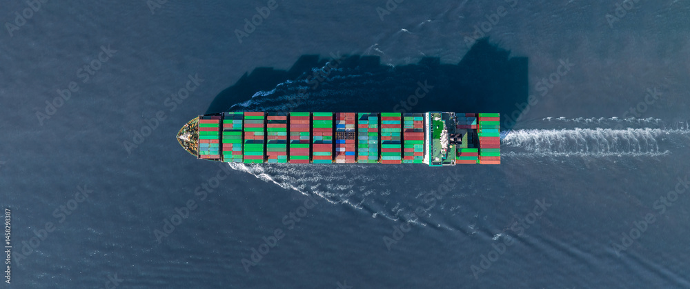 Aerial view container cargo ship freight shipping international, Global business freight shipping import export logistic transportation container ship, Container cargo ship sea freight container ship.