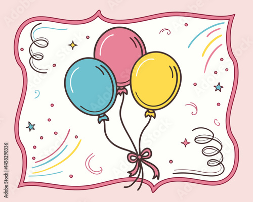 Festive pastel balloons float joyfully celebrating a birthday or party simple line art design with pink border and
