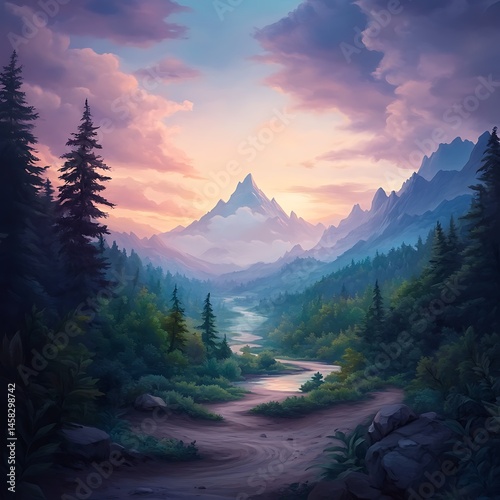 Serene Mountain Valley Landscape at Sunrise A winding path leads to majestic peaks Peaceful nature scene