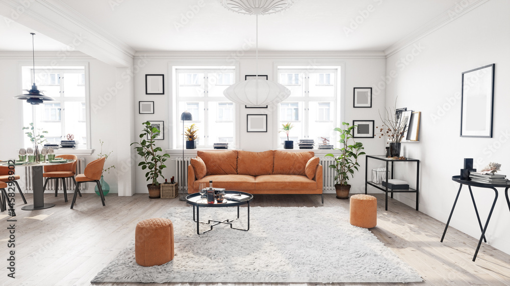 Fototapeta premium Bright living room with orange sofa