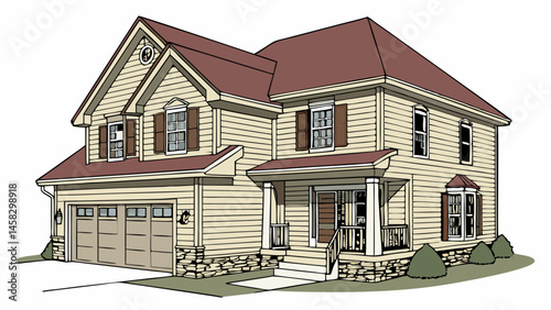 A new brick residence with a welcoming front door and several windows stands against a white background