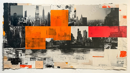 A cityscape collage featuring a black and white photo of a city skyline overlaid with vibrant orange and red geometric shapes and textured paper fragments