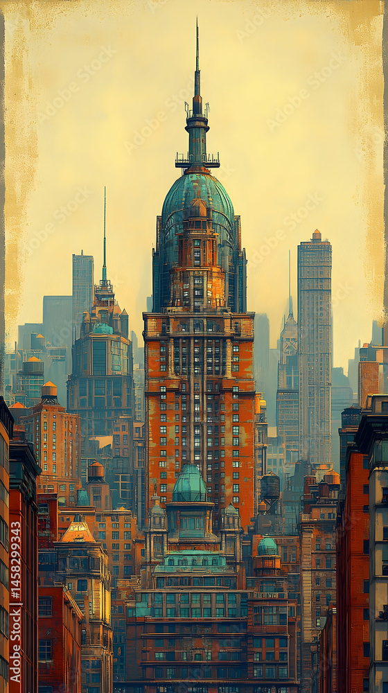 Naklejka premium A majestic, ornate skyscraper dominates a cityscape, its copper dome gleaming amidst surrounding buildings under a hazy sky