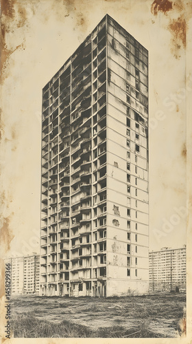 A monochrome drawing depicts a skeletal, unfinished high-rise building against a backdrop of low-rise structures, conveying a sense of urban decay or incompletion photo