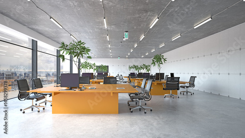 Modern office space with orange desks