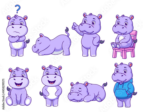 Eight purple hippos in various poses, ideal for childrens books, educational resources, and playful design projects.