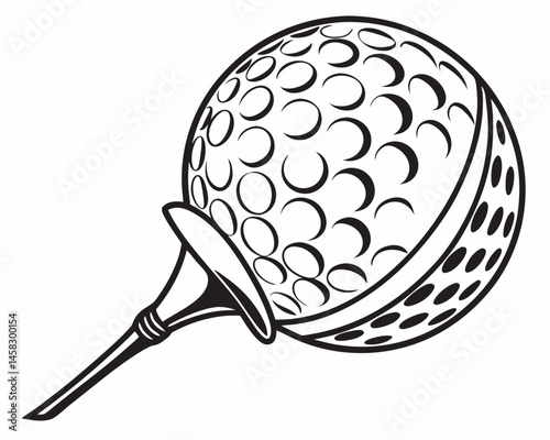 Golf ball on tee ready for a perfect swing Black and white vector illustration classic style dimpled sphere