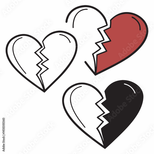 Three broken hearts illustration red black white heartbreak sadness pain relationship end grief sorrow loss separation