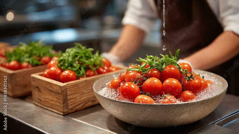 Clean farm to table kitchen capturing wooden crates of washed heirloom tomatoes and cucumbers on a polished prep station with chefs sieving cold water over produce Clean farm to table kitchen capturing wooden crates of washed heirloom tomatoes and cucumbers on a polished prep station with chefs sieving cold water over produce