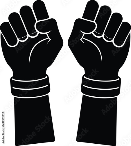 Raised fists with pride bracelets on white background