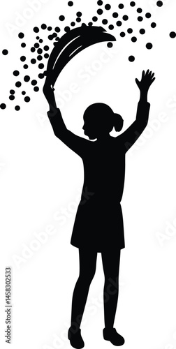 Silhouette holding rainbow confetti on white background