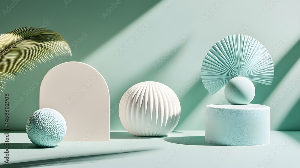 Fototapeta premium Abstract 3D Render Pastel Green Minimalist Scene with Geometric Shapes and Palm Leaves