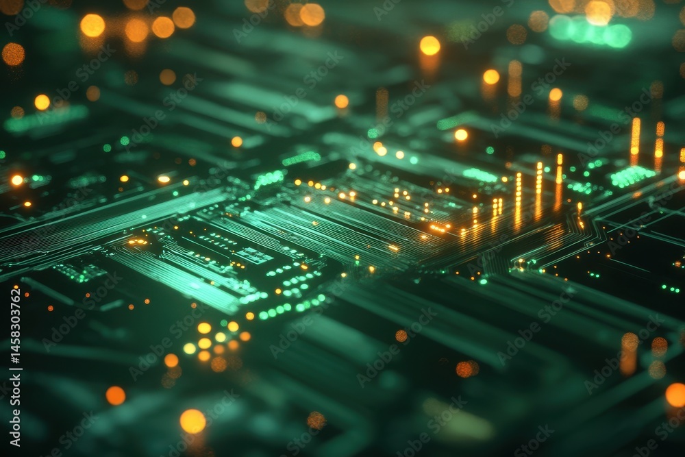 Obraz premium Glowing green circuit board with illuminated components and intricate circuitry in a dark setting, Green circuit board with glowing lights suggesting data processing or electronic activity