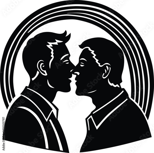Two men sharing a kiss under a rainbow on white background