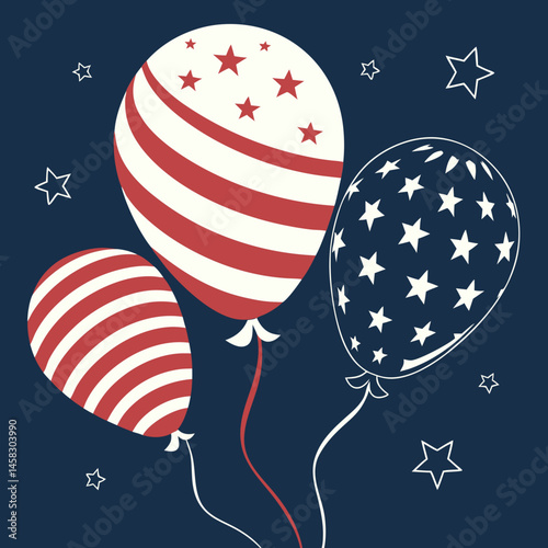 Festive Fourth of July Balloons Red white and blue striped and starred balloons soar against a dark blue night sky