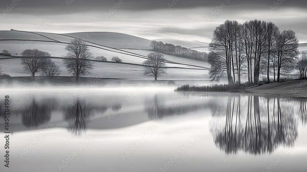 Fototapeta premium Misty Winter Landscape with Tree Reflections in Calm Lake