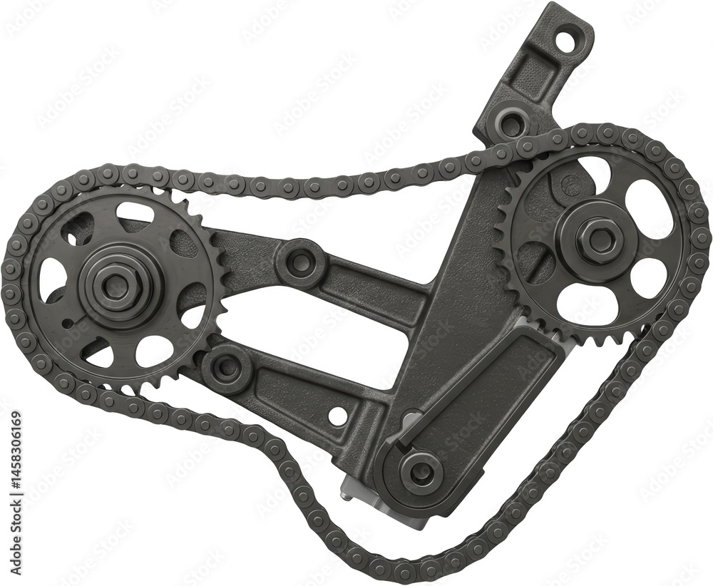 Obraz premium Automotive Engine Timing Chain System Close up View of Sprockets and Chain Mechanism