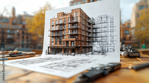 Architectural rendering of a brick apartment building, transitioning from sketch to 3D model, displayed on a wooden table with art supplies