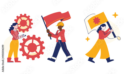 Labour Day Vector Illustration – Workers with Flags and Gears in Protest March