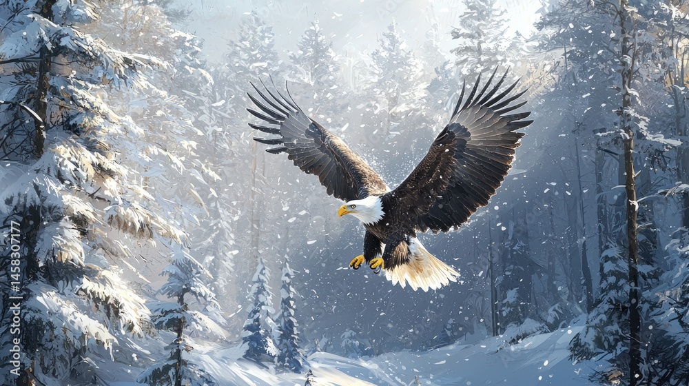 Fototapeta premium Majestic eagle soaring through a snowy forest.